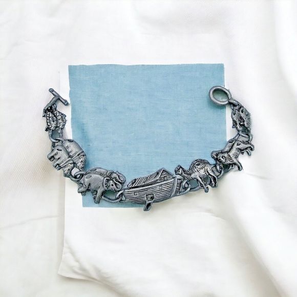 Noah's Ark Bracelet Vintage Charm Pewter Christian Religious Bible Story Jewelry - Picture 8 of 8